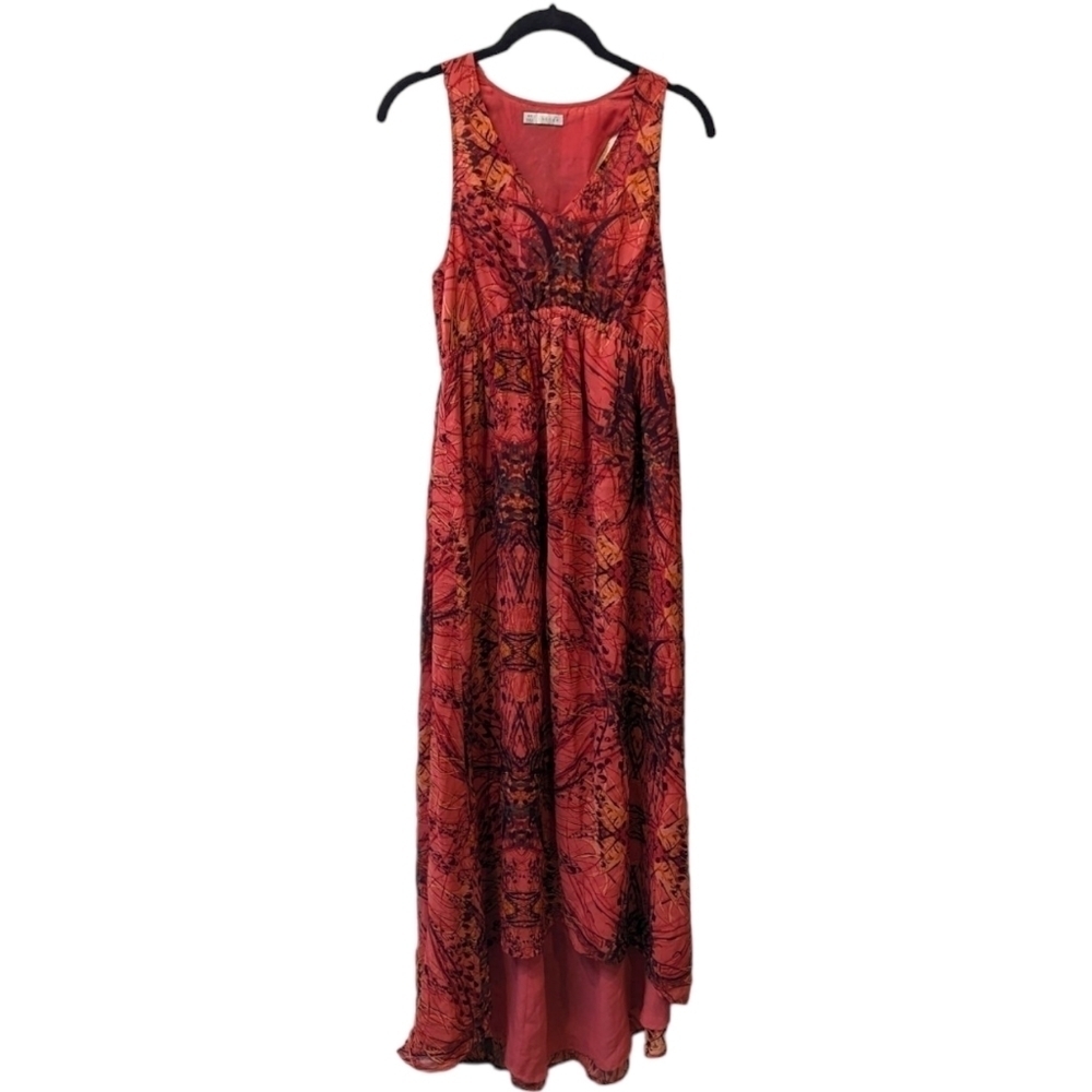 Hinge Racerback Abstract Print Red Toned Silk Maxi Dress (XS)